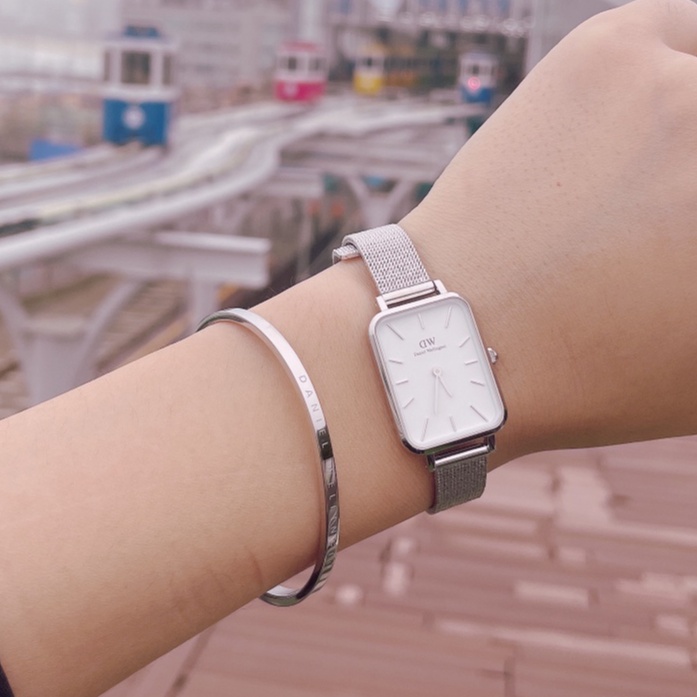Đồng hồ nữ DW mặt vuông Quadro Pressed Sheffield Rose Gold Green &amp; Vòng tay Classic Cuff