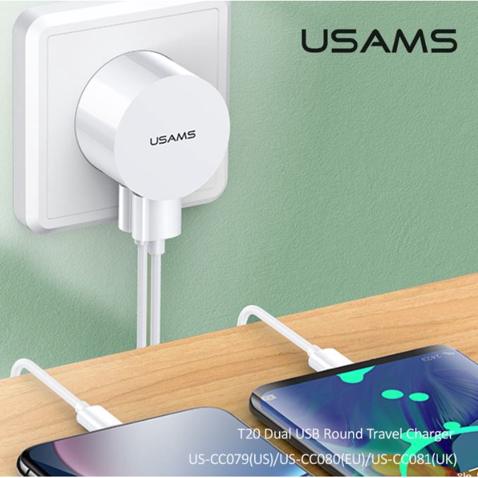 Củ sạc đa năng USAMS T20 tích hợp 2 cổng sạc USB kiểu tròn hiện đại chân tròn (EU) và chân dẹt (US)
