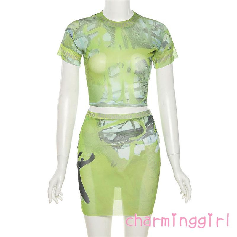 Bộ đồ 2 món gồm áo croptop tay ngắn cổ tròn in họa tiết graffiti + chân váy ngắn eo cao phong cách mùa hè dành cho nữ