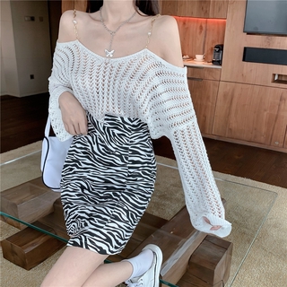 Set áo lưới tay dài 2 dây hạ vai hở lưng gợi cảm sexy dây xích nhỏ + váy ngắn ngựa vằn ulzzang ( 2 màu )