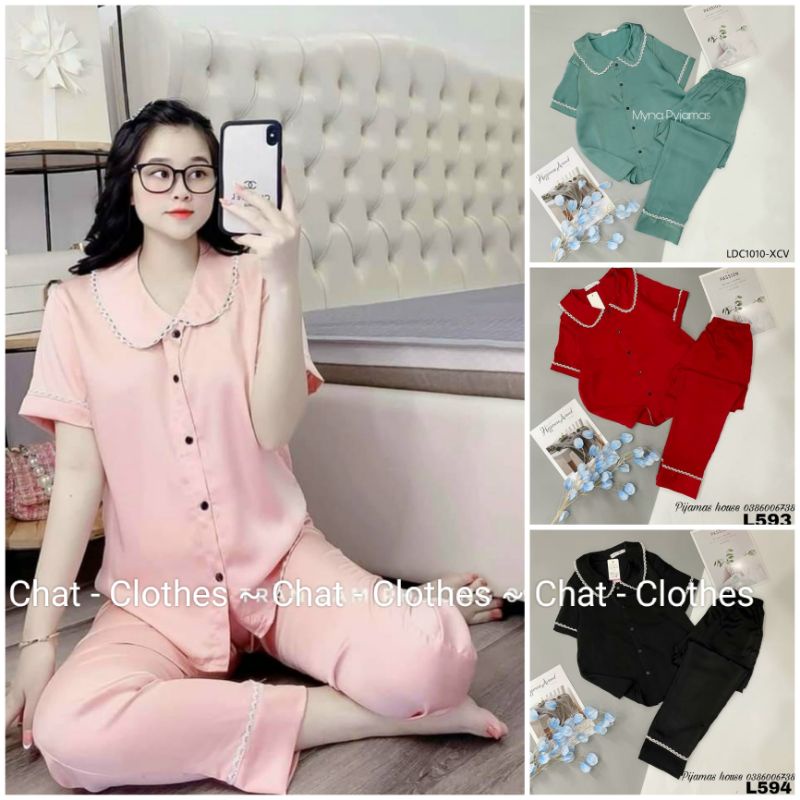 Bộ Pyjama Tay Cộc Quần Dài Viền Ren - Hàng thiết kế có size