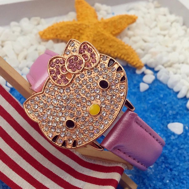 Đồng Hồ Nữ Dây Da Mặt Hình Hello Kitty Dễ Thương