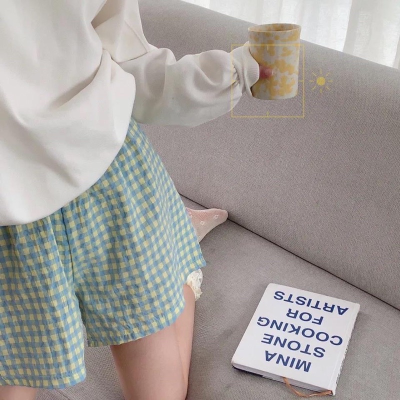 Quần đùi mặc nhà kẻ caro nhiều màu quần ngủ pijama chất đẹp hè Hàn Quốc ullzang
