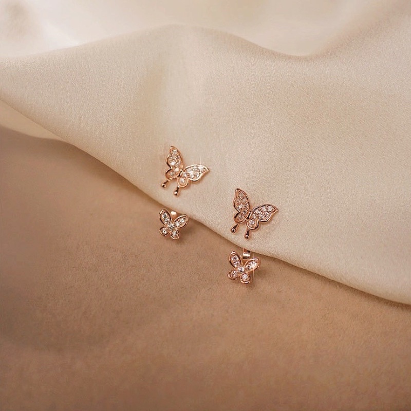 Khuyên tai bạc 925 SUMMERY hình bướm đính đá chốt sau đeo 2 kiểu S925 mạ vàng hồng