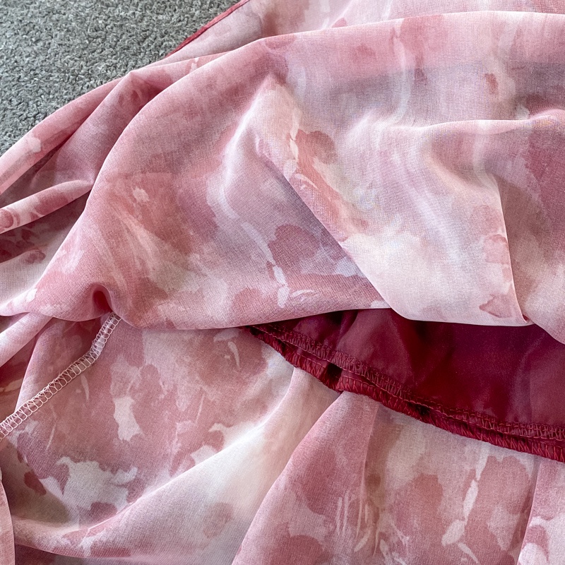 Đầm tay dài chiết eo váy màu loang chất voan có lót trong