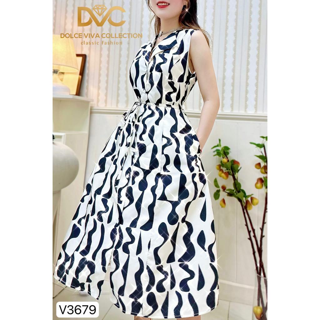 VÁY HỌA TIẾT ĐEN TRẮNG CỔ BẺ KÈM ĐAI THỜI TRANG V3679 - DVC