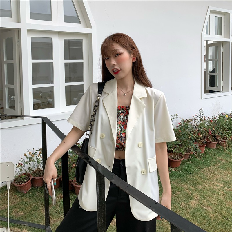Áo Khoác Blazer Tay Ngắn Dáng Rộng Phong Cách Hàn Quốc Cho Nữ