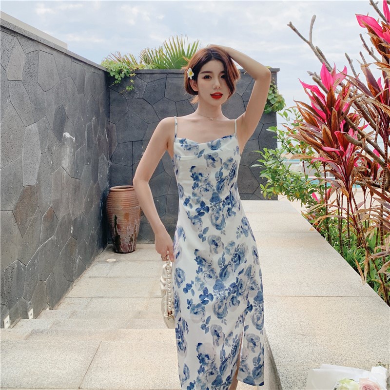 Đầm dài IELGY không tay xẻ tà in họa tiết hoa thời trang mùa hè dành cho nữ