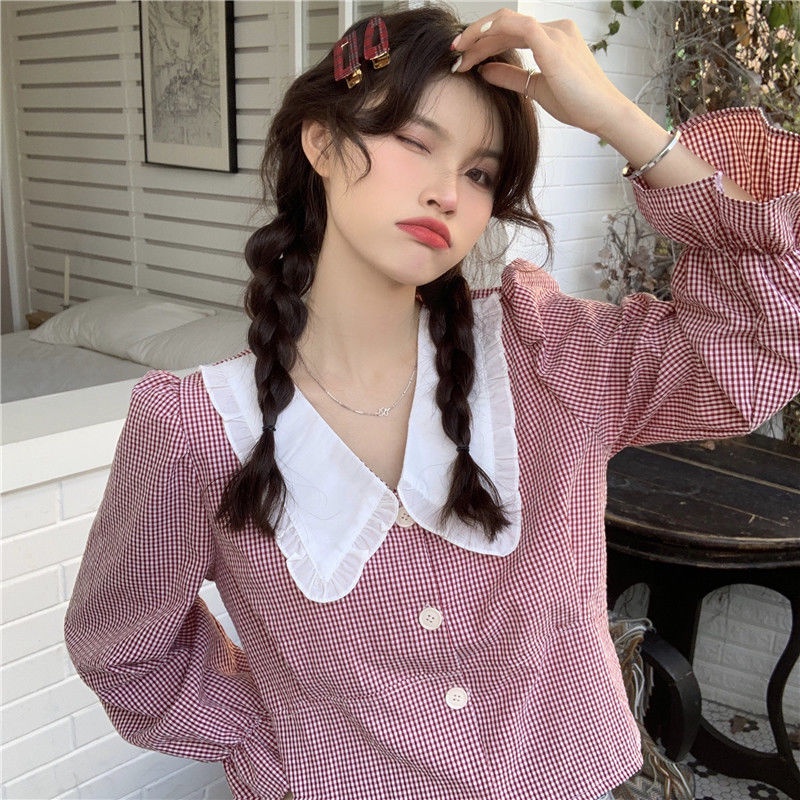 Áo Kiểu Tay Phồng Cổ Búp Bê Họa Tiết Sọc Caro Phong Cách Retro