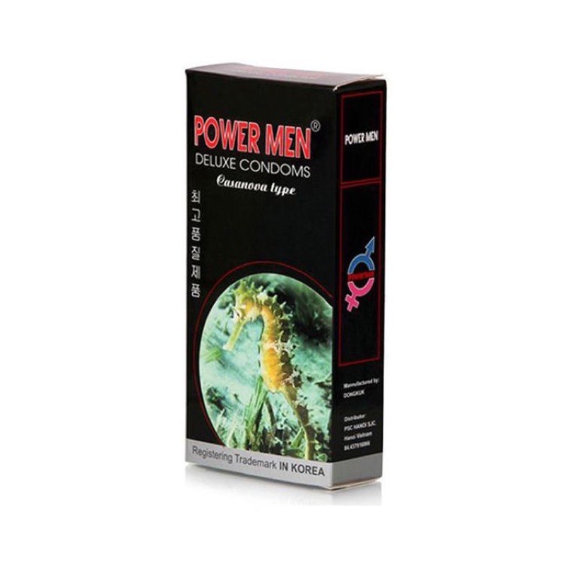 Bao Cao Su Power Men Long Shock Type Cá Ngựa Đen Gân Gai Kéo Dài Thời Gian (hộp 12 cái)