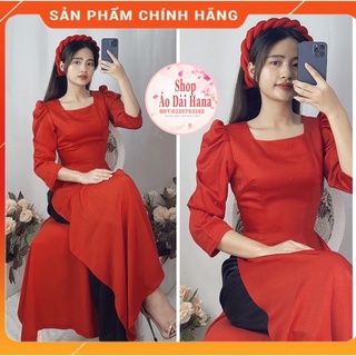 Áo dài cổ vuông đính tay lỡ bồng xinh