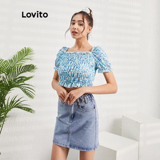 25deLovito Áo kiểu họa tiết hoa lá màu xanh dương L07508
