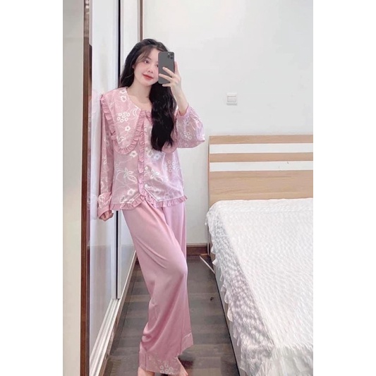 Set đồ ngủ lụa xước tiểu thư thiết kế QC siêu sang xịn