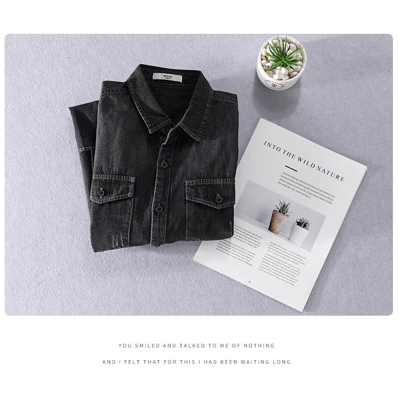 Áo Sơ Mi Denim Cotton Mỏng Tay Dài Màu Đen Thời Trang Cho Nam