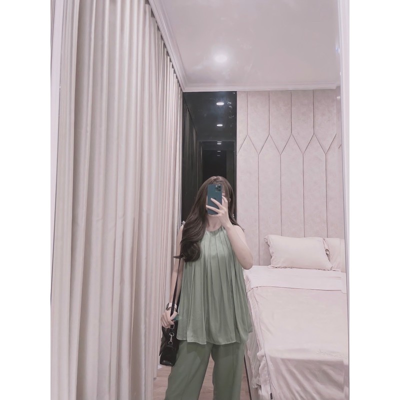 set bộ cổ yếm xếp ly kèm quần ống suông 3 màu