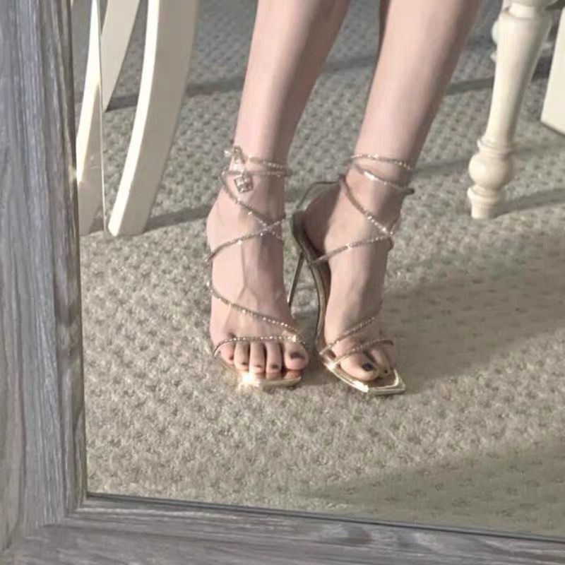 Giày Sandal Cao Gót Hở Ngón Đính Đá Xinh Xắn