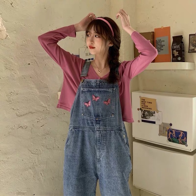 [KÈM ẢNH THẬT + SẴN] yếm quần bò jeans xanh dài dáng suông rộng túi ngực thêu hình xinh xắn ulzzang hàn quốc | BigBuy360 - bigbuy360.vn