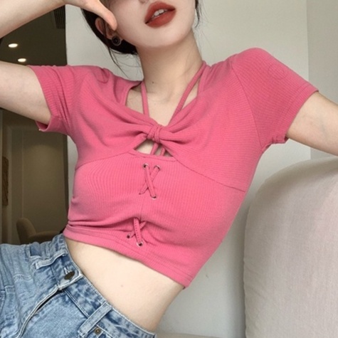 Áo croptop ZHELIHANGFEI dệt kim tay ngắn tạo kiểu nơ độc đáo quyến rũ dành cho nữ