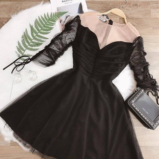 Đầm dự tiệc ren dáng xòe phối cổ nude siêu sang, đầm công sở xòe thanh lịch
