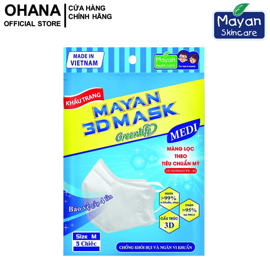 Khẩu Trang Mayan 3D Mask PM 2.5 Medi Màng Lọc Theo Tiêu Chuẩn Mỹ 5 Chiếc/Túi