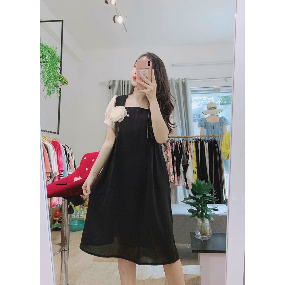 Đầm bầu cổ vuông hoa ngực M317 vải cát hàn thời trang thiết kế Mom and baby