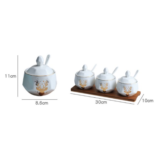 Hủ đựng gia vị phong cách BẮC ÂU sang trọng, chất liệu men sứ, gồm muỗng+ 3 hủ có nắp+ khay gỗ, cao 11cm