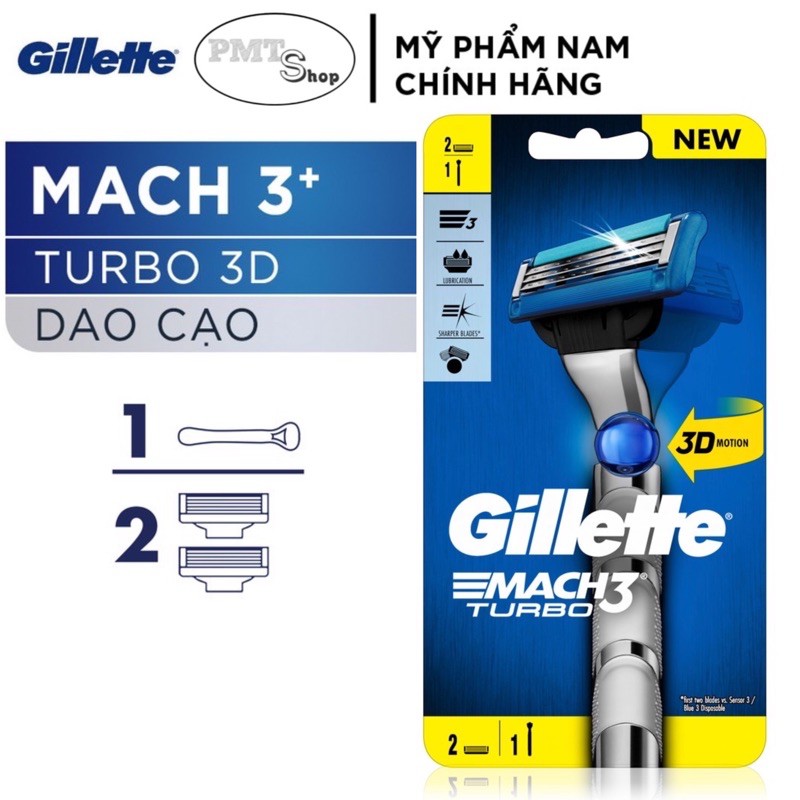 Bộ Dao cạo râu Gillette Mach 3 Turbo 3D 2Up (1 cán dao + 2 đầu cạo) - Mach3 3 lưỡi cao cấp