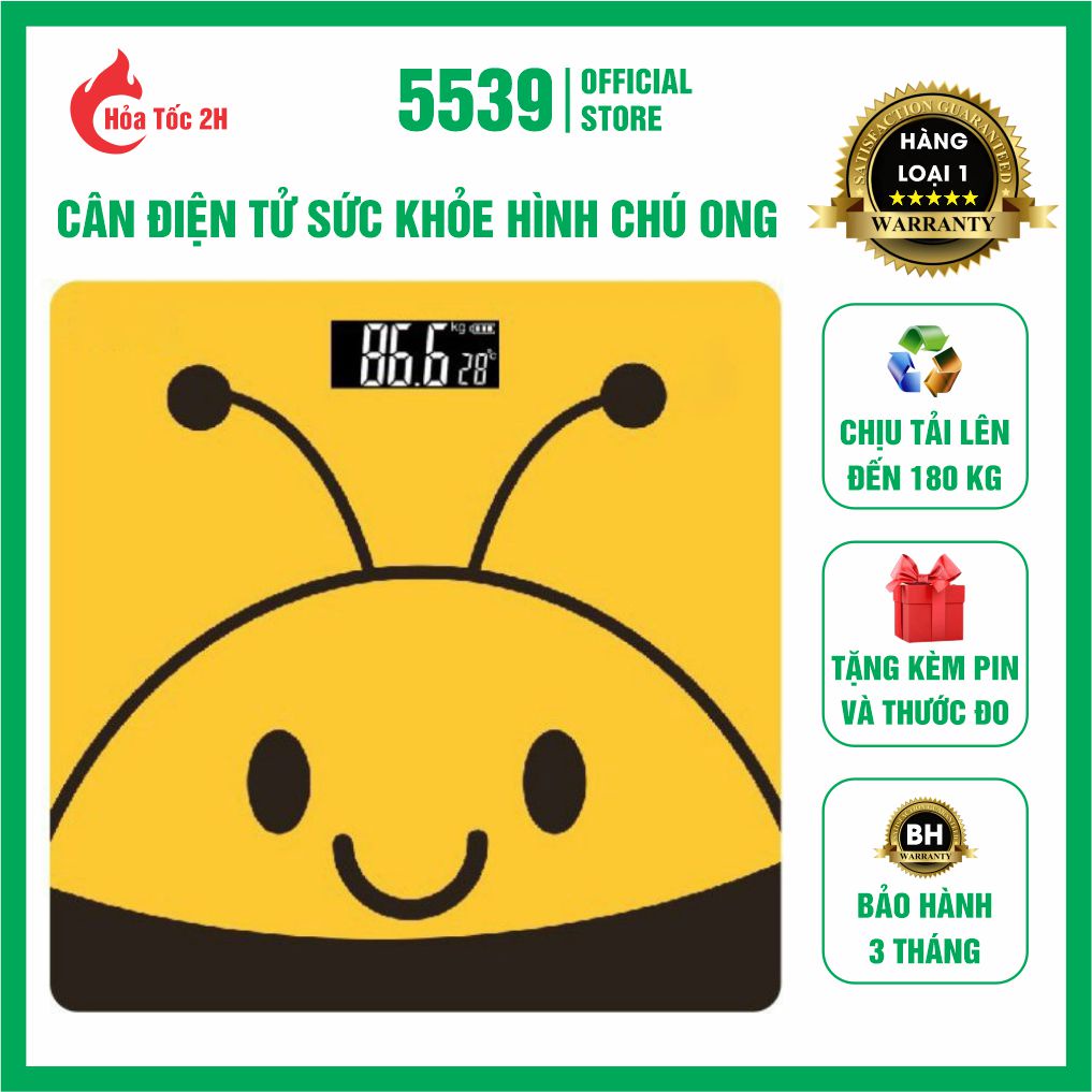 Cân điện tử sức khỏe, cân sức khỏe hình ong mặt kính cường lực chịu tải lên đến 180 kg tặng kèm pin 3A - Shop 5539