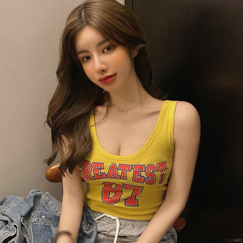 Áo Croptop Sát Nách Cổ Chữ U In Chữ Phong Cách Hàn Quốc