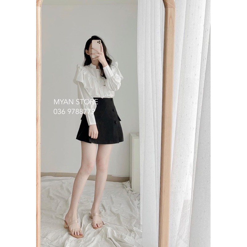 Bộ công sở áo sơ mi bèo tầng chân váy chữ A