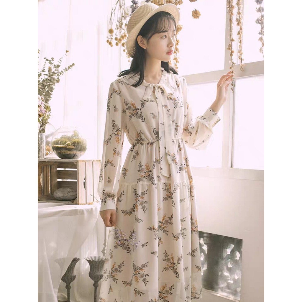 (ORDER) Váy hoa voan xòe dài tay mùa thu Vintage Hàn Quốc nhẹ nhàng
