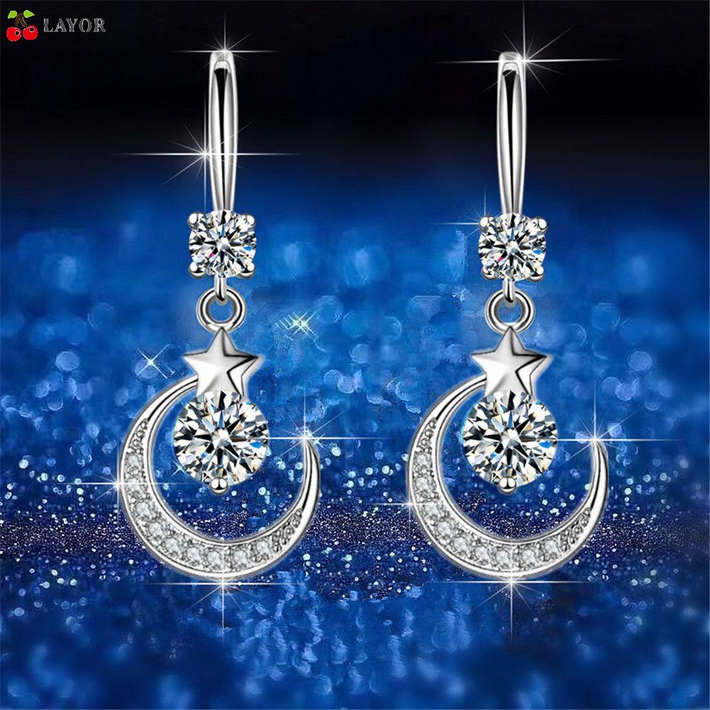 Bông Tai Xỏ Lỗ Dáng Dài Hình Mặt Trăng Ngôi Sao Đính Đá Nhiều Màu Phong Cách Hàn Quốc Thời Trang Cho Nữ