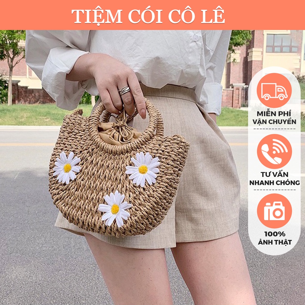 Túi cói bán nguyệt đính hoa cúc trắng đi biển xinh xắn, dễ thương - Tiệm Cói Cô Lê