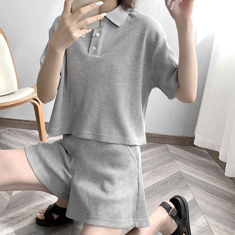 Set Áo polo Tay Ngắn + Quần short Màu Trơn Thời Trang Cho Nữ