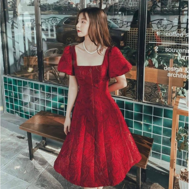 Đầm gấm nơ voan tay phồng_ video váy thứ 2 | BigBuy360 - bigbuy360.vn