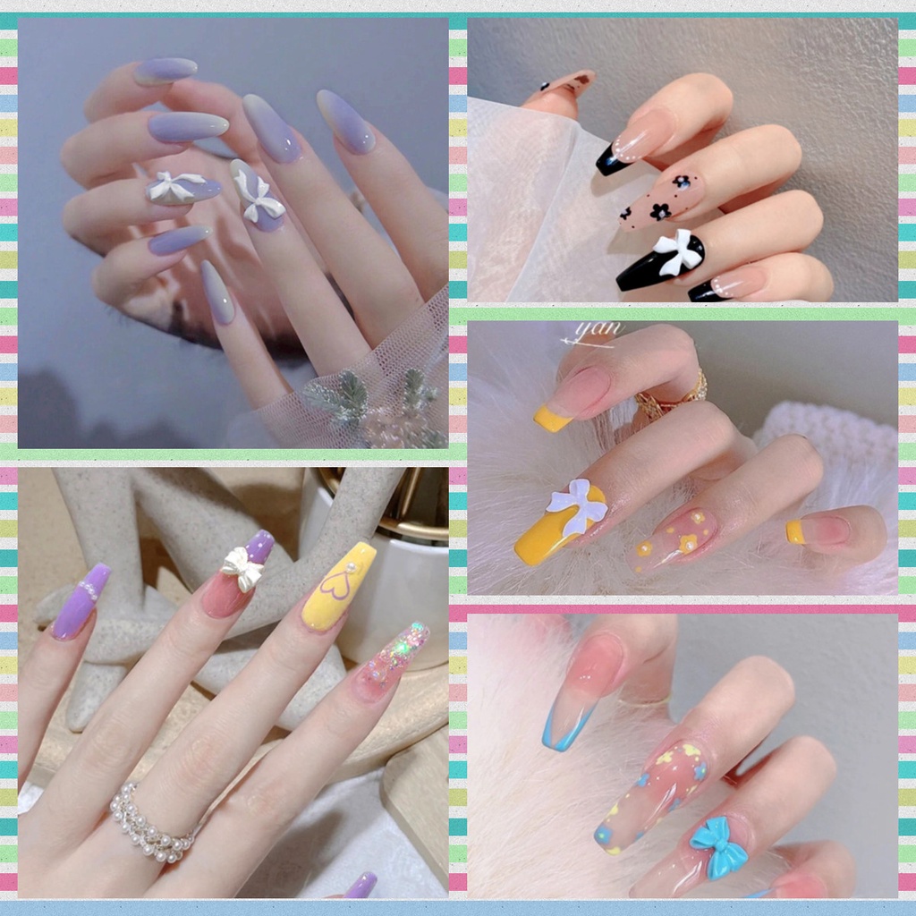 Bộ 24 Móng Tay Giả Thắt Nơ Có Thể Tháo Rời Màu Hồng/Đen/Dye