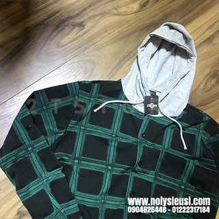 ÁO KHOÁC UNISEX SƠMI THUN SỌC CARO XANH RÊU ĐEN PHỐI NÓN XÁM
