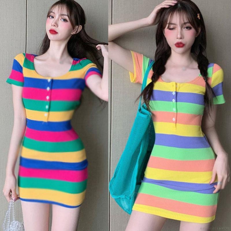 Đầm Dệt Kim Tay Ngắn Kẻ Sọc Nhiều Màu Thiết Kế Ôm Sát Tôn Dáng