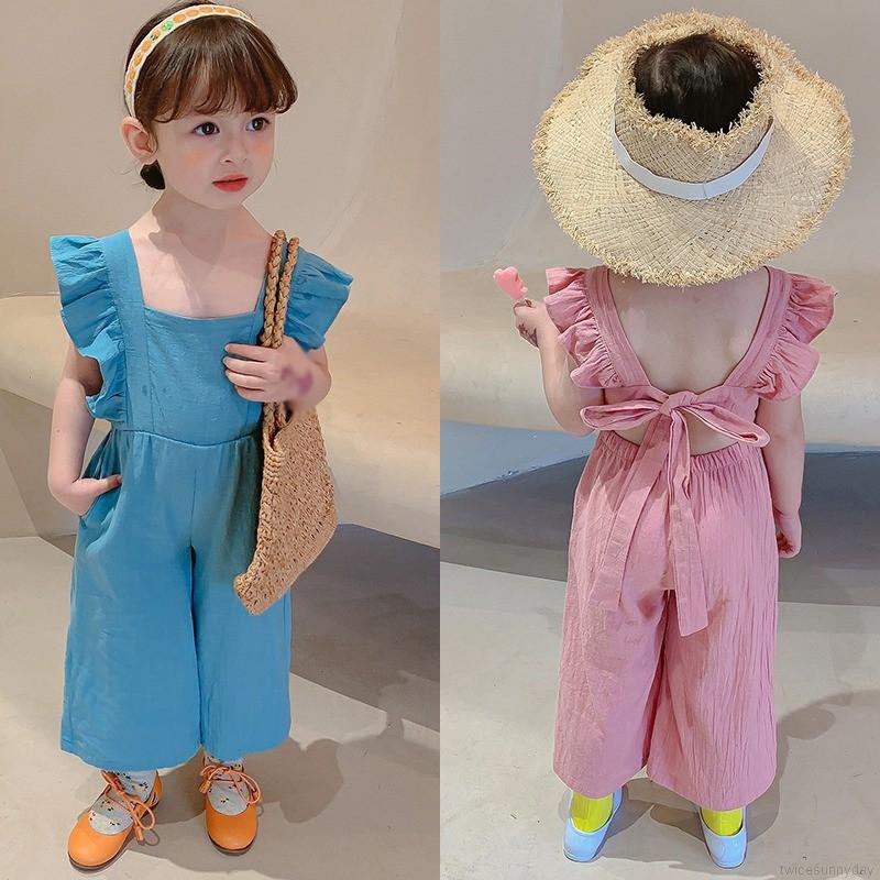 Bộ Áo Liền Quần Không Tay Ống Rộng Hở Lưng Phong Cách Hàn Quốc Cho Bé Gái