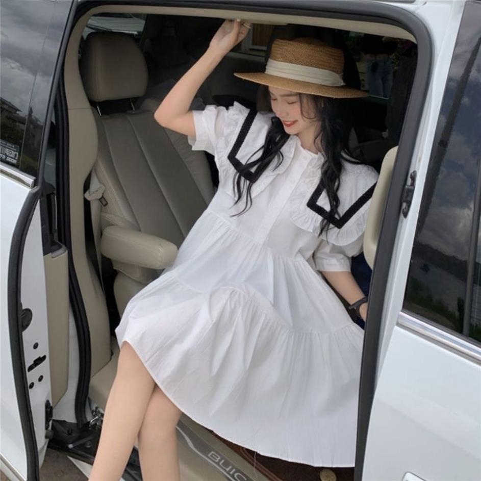 Đầm nữ bigsize babydoll phối viền bèo ống tay bo ngắn kiểu dàng xòe thời trang hè Ulzzang trẻ trung cá tính | BigBuy360 - bigbuy360.vn