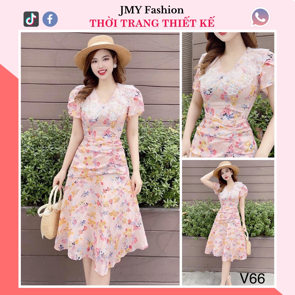 V66 Váy hồng hoa nhí ôm A nhún eo nữ tính - TH Hà Thanh