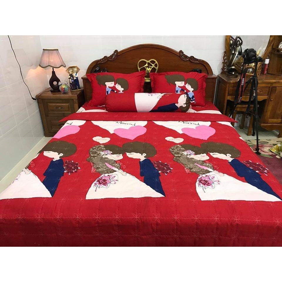 Ga Trải Giường Poly Cotton Mẫu Đẹp,vải mềm mịn-HỌA TIẾT ĐÁM CƯỚI ĐỎ