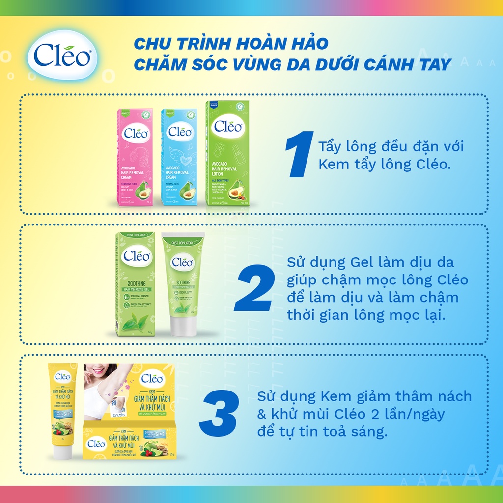 Bộ tẩy lông nách Cleo 50g và ức chế mọc lông 50g cho nhiều loại da kèm kem giảm thâm nách, khử mùi Cleo cho 3 người dùng