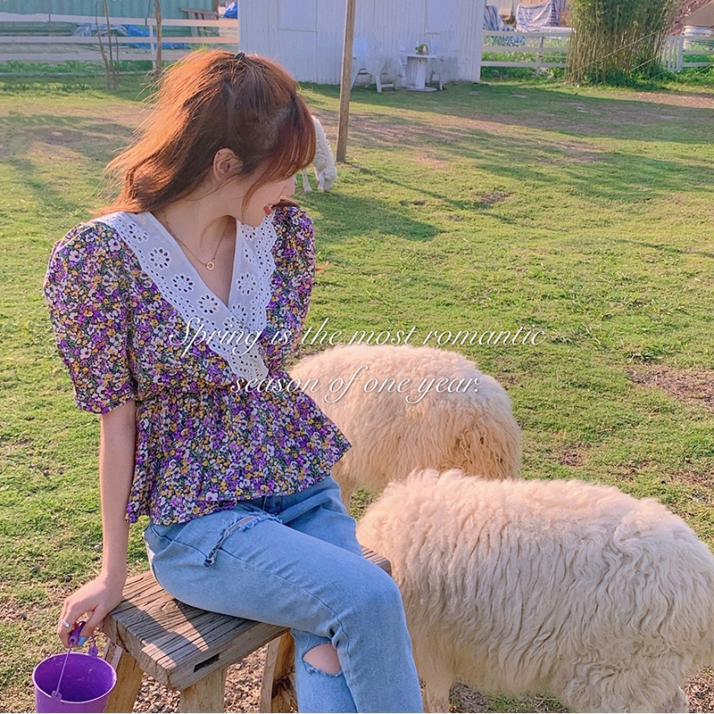 SUXI Áo kiểu cổ chữ V họa tiết hoa xinh xắn thời trang phong cách Pháp cho nữ