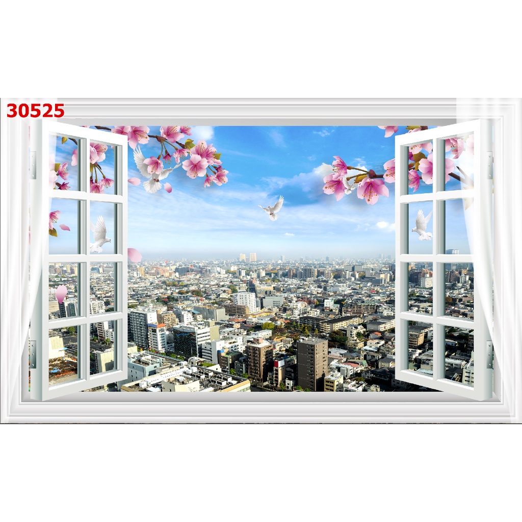 Tranh 3d cửa sổ nhìn ra phong cảnh sang trọng hiện đại