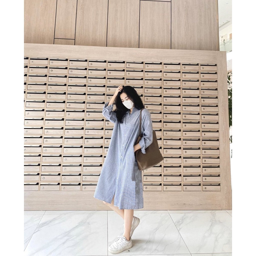 Váy sơ mi kẻ xanh Meestore- Đầm suông dài tay cổ sơ mi phong cách hàn quốc | BigBuy360 - bigbuy360.vn