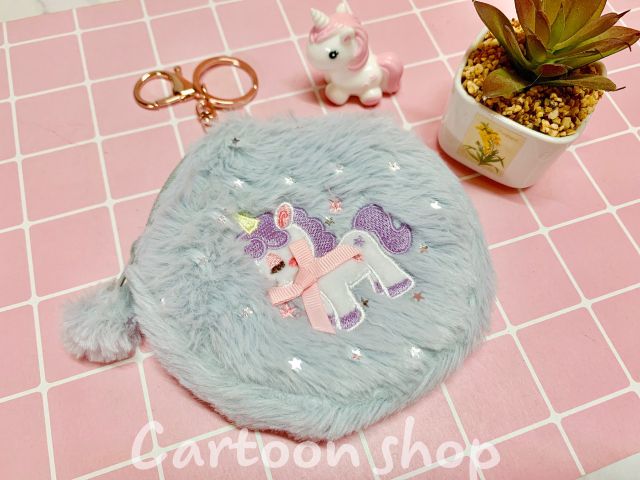 Bóp móc khóa bông đựng tiền thẻ mẫu unicorn đường kính 12cm