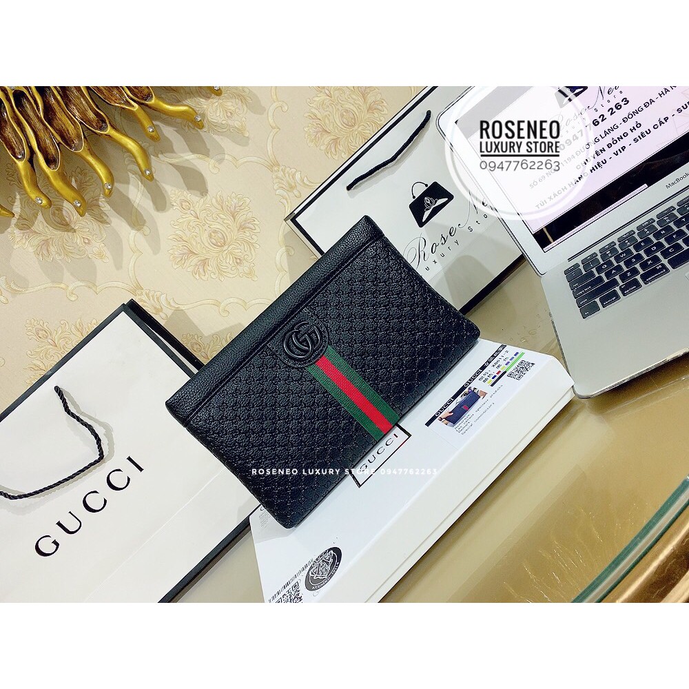 VÍ clutch cầm tay GUCCI SUPER VIP ‼️ fullbox , túi vải , card, bill da mềm dập logo 3D GG kèm dây vải sọc 3 màu