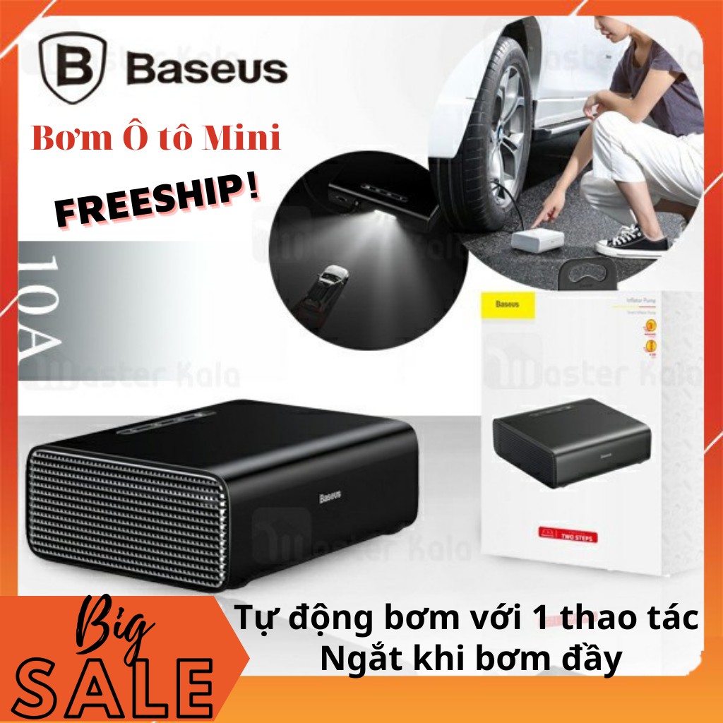 Bơm lốp Oto Baseus 🚗[ĐÁNH GIÁ TỐT NHẤT]🚙 Tự động bơm với 1 thao tác, Dừng sau bơm đầy, Đèn LED chiếu sáng