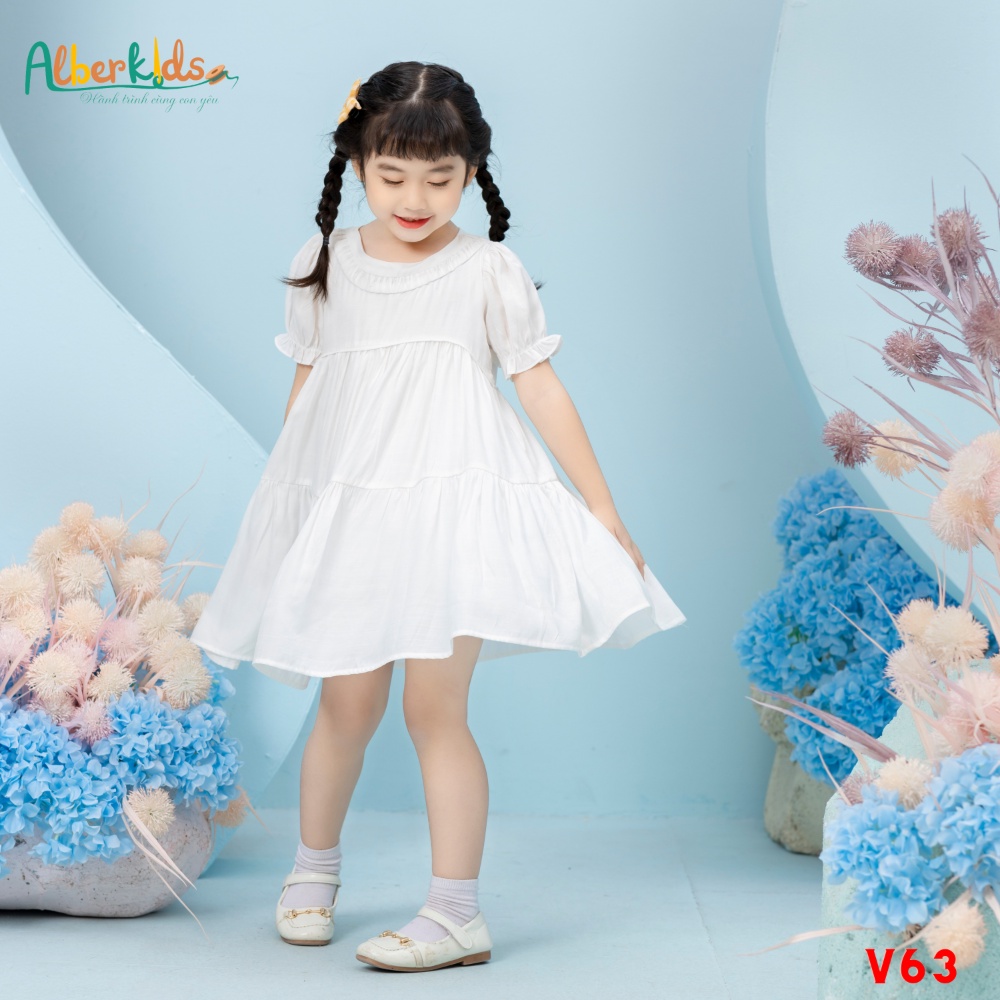 Váy bé gái ALBERKIDS cổ gân tròn tay bèo chun 2 lớp công chúa xinh đẹp cho trẻ em 2,3,4,5,6,7,8,9,10,11,12 tuổi [V63]